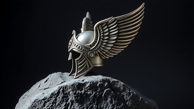 A silver winged Valkyrie helmet resting on a rough, dark grey stone with dramatic shadows.