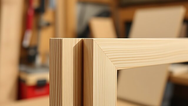 Two wooden picture frame pieces with a perfect miter joint in a workshop.