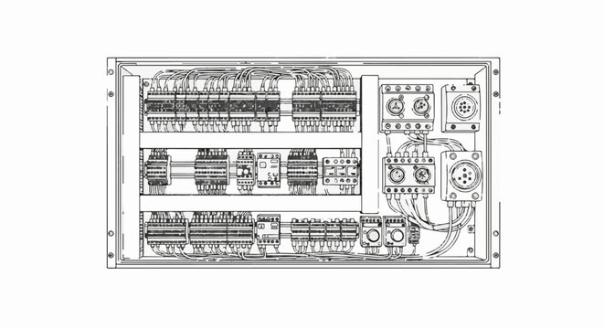 Detailed schematic drawing of electrical control panel with complex wiring and connectors