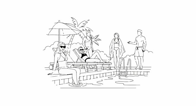 People relaxing and socializing around a swimming pool on a sunny day