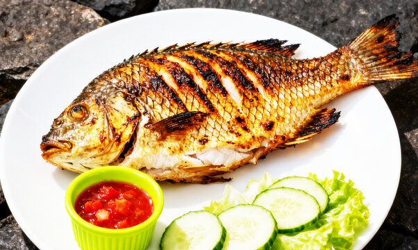 Traditional food, a delicious grilled tilapia (nila bakar) from indonesia with rice, tempeh, vegetables, and chilli sauce in plate. Food photography.