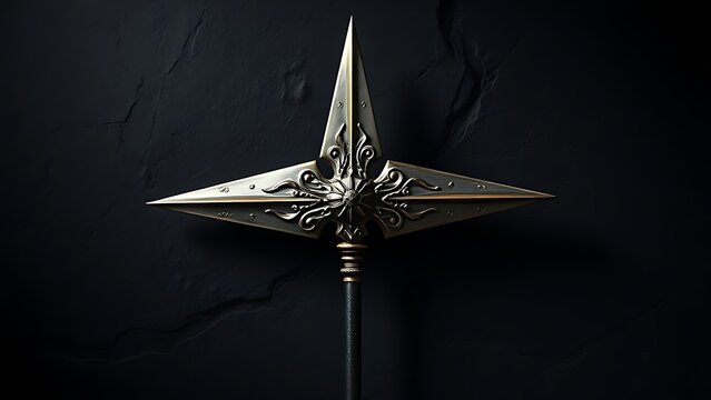 An ornate metallic spearhead against a dark stone background.