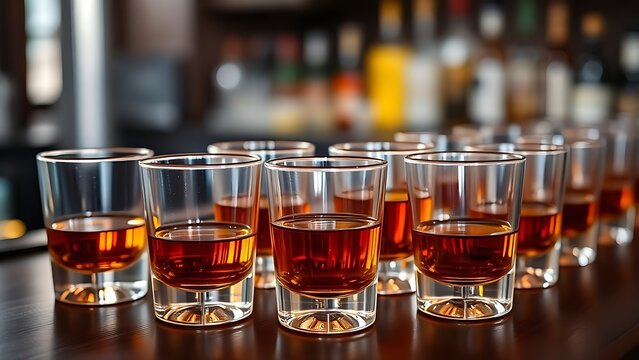 Amber liqueur in small glasses on a dark wooden bar countertop.