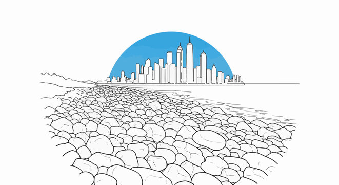 City skyline behind a rocky shore under a blue semi-circle