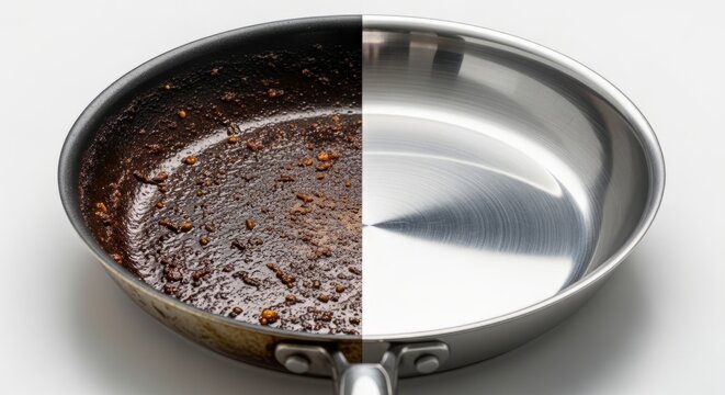 Frying pan split view showing contrast between dirty surface and clean surface. Comparison of greasy cookware and polished metal. Household maintenance and effective kitchen cleaning.