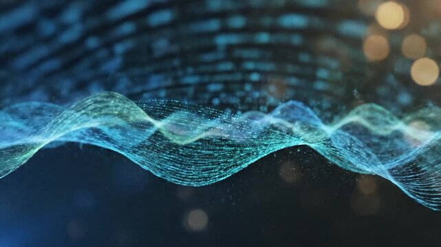 Abstract digital wave pattern with flowing particles in shades of blue and green, a modern background design element