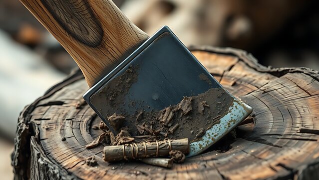 Axe embedded in wooden stump with mud and bark fragments.