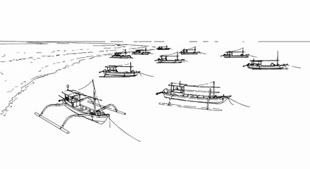 Fototapeta premium Multiple outrigger canoes rest on the shore near a body of water