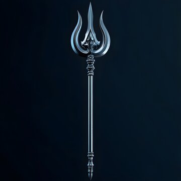Elaborate, detailed silver trident weapon with a decorative head and pointed prongs. Metallic sheen.