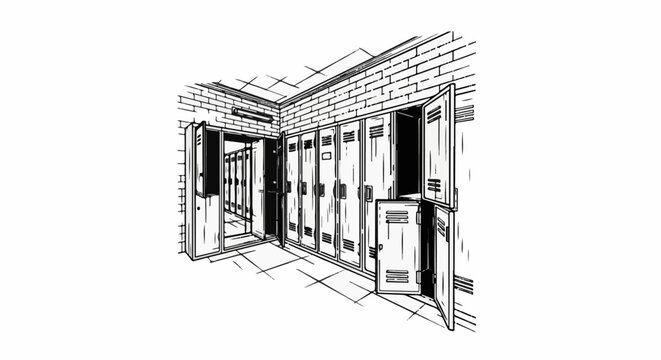 Stylized line drawing of an empty locker room hallway with open doors