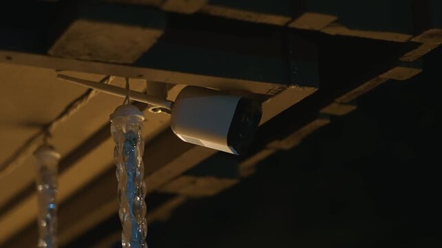 Security camera under roof at night next to decorative lights shows home security system and monitoring of property in dark time with soft ambient lighting
