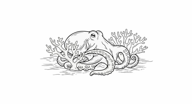 Detailed line drawing of an octopus nestled amongst coral on a white background