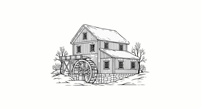 Rustic wooden mill with water wheel in a winter landscape