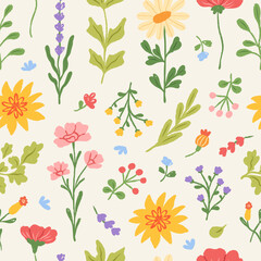 Fototapeta premium Hand drawn floral beautiful vintage seamless pattern. Botanical doodle elements, wildflower and garden, leaves and herb, plants, foliage. Elegant abstract summer spring print. Vector illustration.