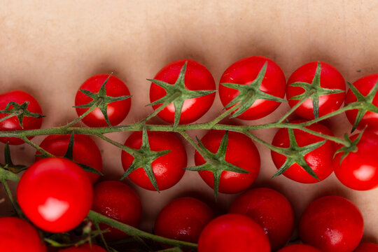 Cherry truss tomato fruit on brown cardboard box