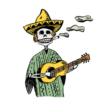 Cheerful Mexican skeleton playing guitar with sombrero, vintage Day of the Dead character, vector transparent