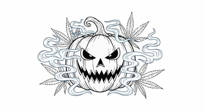 Scary jack-o-lantern surrounded by smoke and cannabis leaves