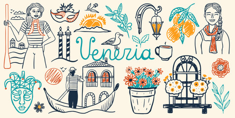 Venice Italy set. Hand-drawn gondola and gondolier, carnival mask, lemon, architecture and flowers. Vector elements in sketch style  © Aliaksandra