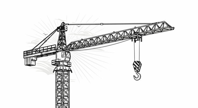 A sketch of a towering construction crane with a hook hanging from its boom