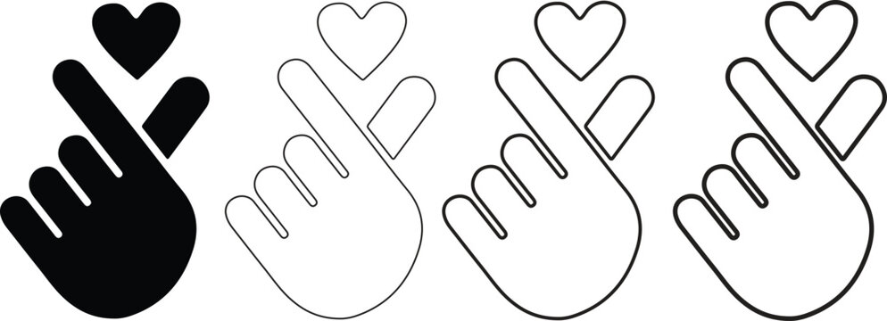 Finger heart symbol icons saranghae hand gesture collection in clean outline and black silhouette vector style