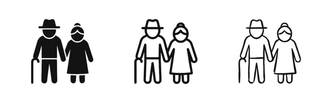 Elderly couple icon set, senior citizens and retirement symbol, grandparents vector