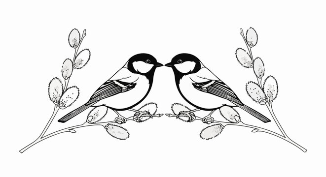 Two tits face each other on pussy willow branches, black and white illustration