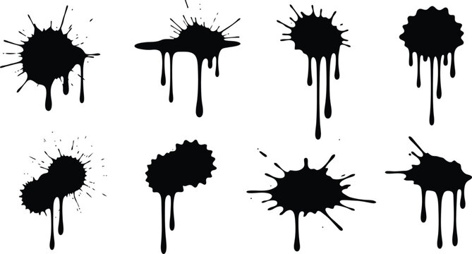A collection of various artistic black ink splatters with heavy drips and irregular textured edge shapes