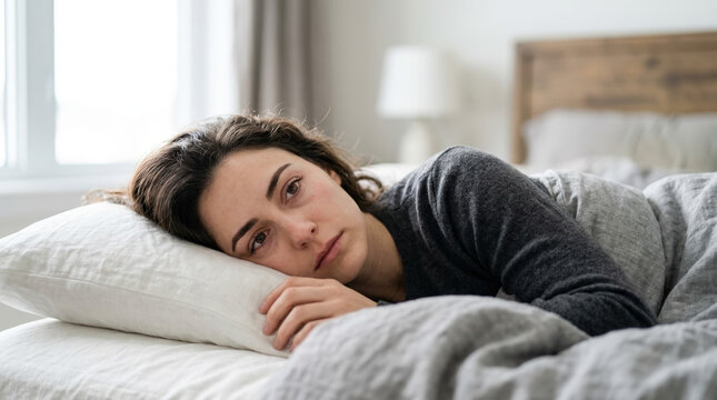 Woman lying awake in bed, reflecting on a recent argument in a cozy bedroom with natural light