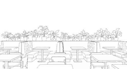 Naklejka premium A minimalist sketch of a restaurant interior with potted plants and seating