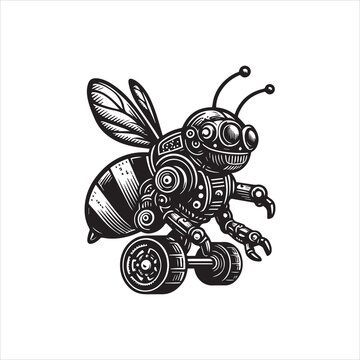 A robotic bee with a vector illustration design featuring a logo and logos on a white background with black lines and industrial elements.
