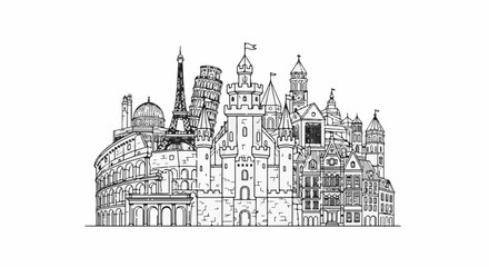 Obraz premium A black and white sketch of iconic European landmarks clustered together