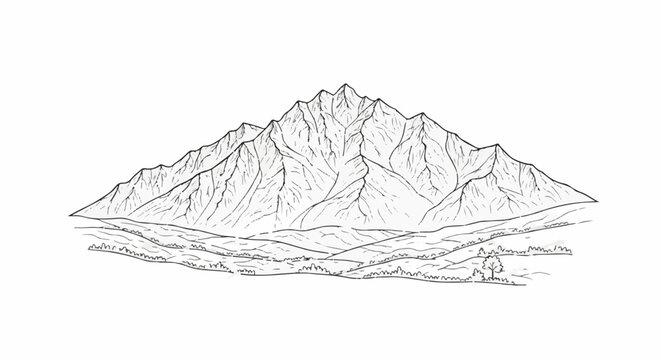 A detailed pen-and-ink drawing of majestic, jagged mountain peaks above a serene, rolling valley