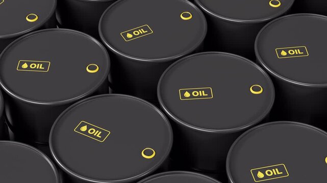 Top view animation of Black Industrial Steel Oil Barrels with Yellow Labels.