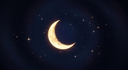 Naklejka premium Golden Crescent Moon and Sparkling Stars in Dark Night Sky