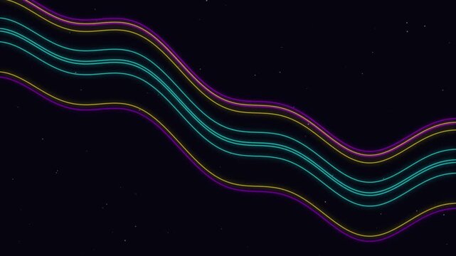 Animation featuring chaos flowing glowing neon wave lines. The palette combines Cyan, Yellow Gold, and Purple colors flowing smoothly across a blue environment. Optimized for high-end motion graphics.