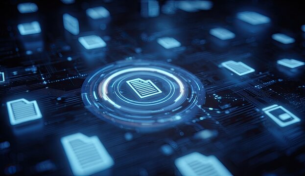 Digital glowing document icons on a dark technological circuit board background