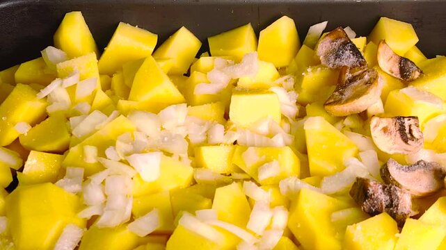 Close up of raw chopped potatoes with onions and mushrooms in a baking tray ready for roasting.