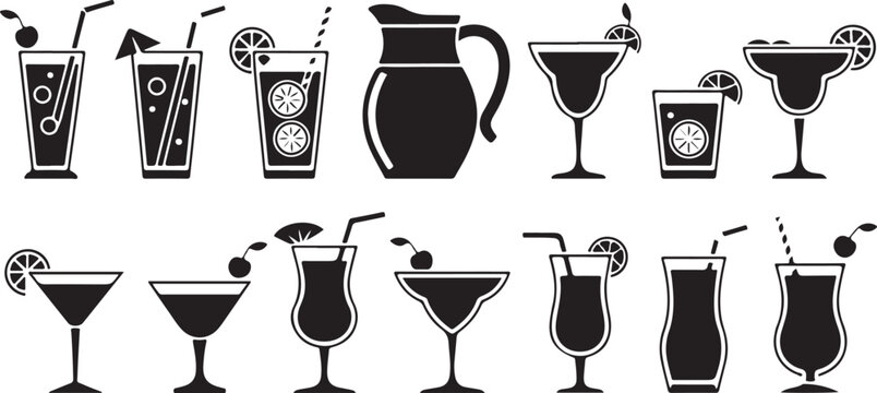 Summer cocktail and beverage glass silhouette collection featuring various drink styles with garnishes on transparent background.