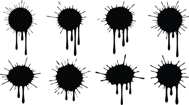 Collection of eight black ink splatters with dripping elements and sharp irregular spikes