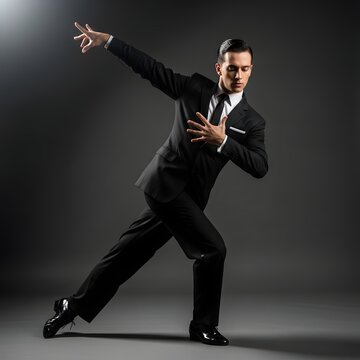 Professional Male Dancer in Formal Business Attire Performing Artistic Movement on Dark Background