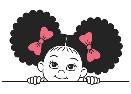 Cartoon illustration of a happy girl with big hair peeking over a line
