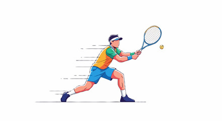 Fototapeta premium A dynamic illustration of a male tennis player in mid-swing, hitting a tennis ball. He is wearing athletic attire, a cap, and appears focused on the game, with motion lines indicating speed