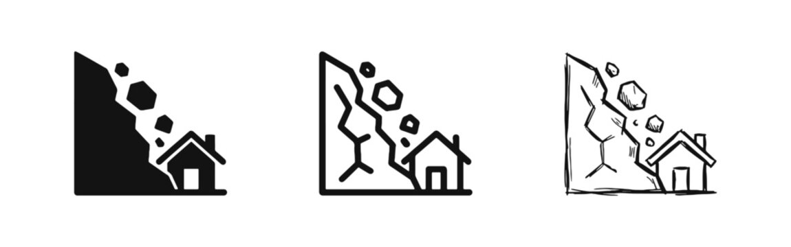 Landslide or rockfall hitting house icon set for natural disasters