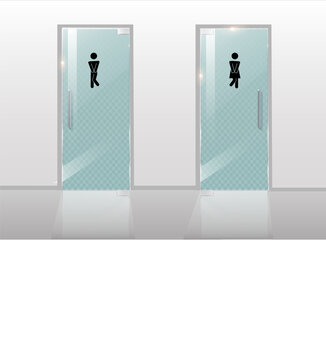 Realistic WC entrance sign mockup. Clean white restroom indicator with sanitary facility symbol. Modern office corridor direction graphic for men and women lavatory spaces