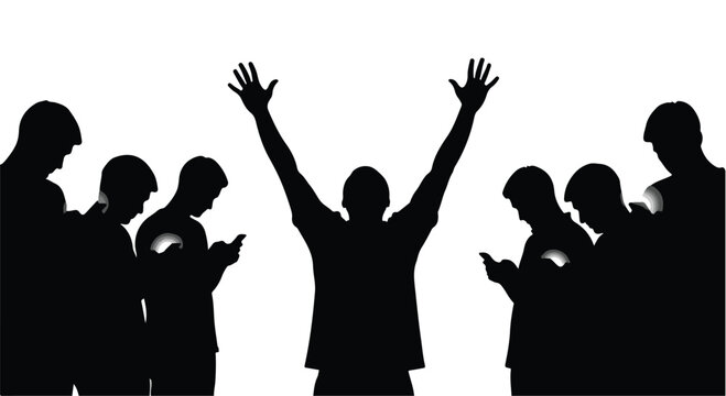 black silhouette people group smartphone addicted one person standing out