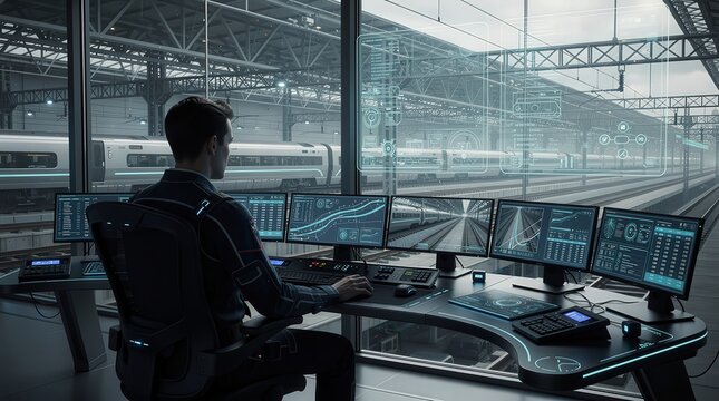A man monitors multiple digital screens displaying data and train operations inside a modern train station control center.