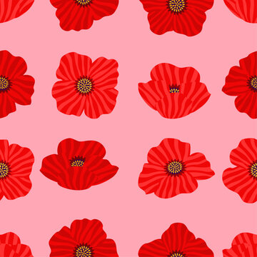 Wild red poppy flowers seamless pattern ornament. Botanical papaver heads, floral background for decorative wrap or fabric print. Summer meadow nature texture. Vector flat design illustration.