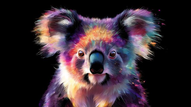 Colorful abstract swirls and splashes with two black eyes on a dark background