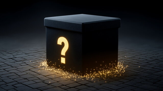 Mystery Concept with Black Box and Question Mark Symbol