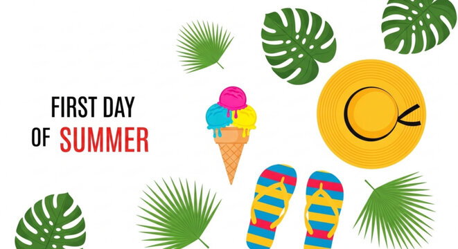 Colorful summer concept with ice cream flip flops sun hat and tropical leaves celebrating the first day of summer on a bright white background